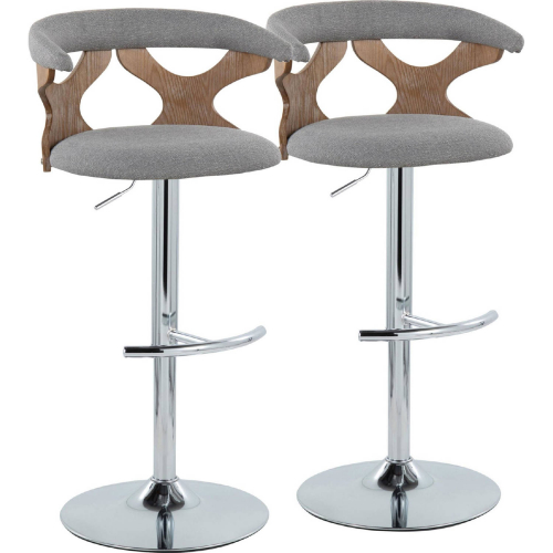 Gardenia Adjustable Swivel Bar Stool in Chrome, White Washed Wood & Light Grey Fabric (Set of 2)